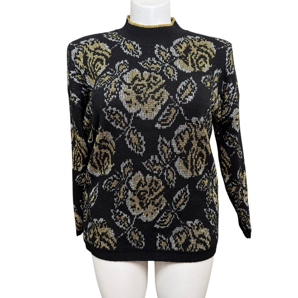 Vintage Bel Ami Black Gold Metallic Floral Sweater Made in USA Size Medium